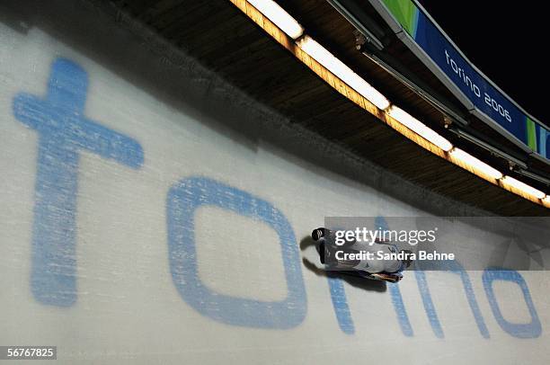 Georg Hackl of Germany practices in the Mens Luge Training prior to the Turin 2006 Winter Olympic Games on February 7, 2006 in Cesana Pariol, Italy....