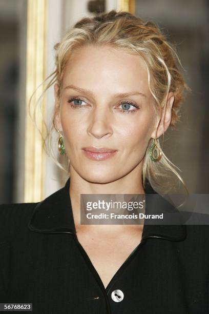 Actress Uma Thurman receives the Chevalier dans l?ordre des Arts award and letters of decoration at the Ministry of Culture on February 7, 2006 in...