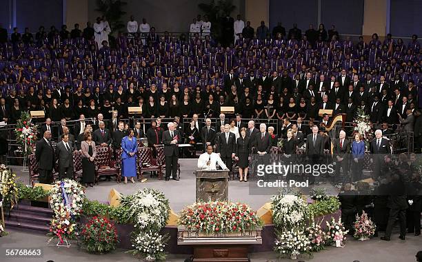 Bishop Eddie Long speaks as hundreds of mourners attend the Coretta Scott King funeral ceremony February 7, 2006 at the New Birth Missionary Baptist...