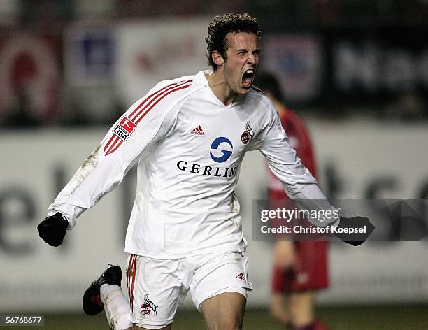 Marco Streller of Cologne celebrates the first goal during the Bundesliga match between 1. FC Kaiserslautern and 1. FC Cologne at the Fritz Walter...