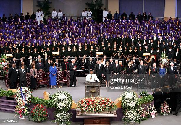 Bishop Eddie Long speaks as hundreds of mourners attend the Coretta Scott King funeral ceremony February 7, 2006 at the New Birth Missionary Baptist...