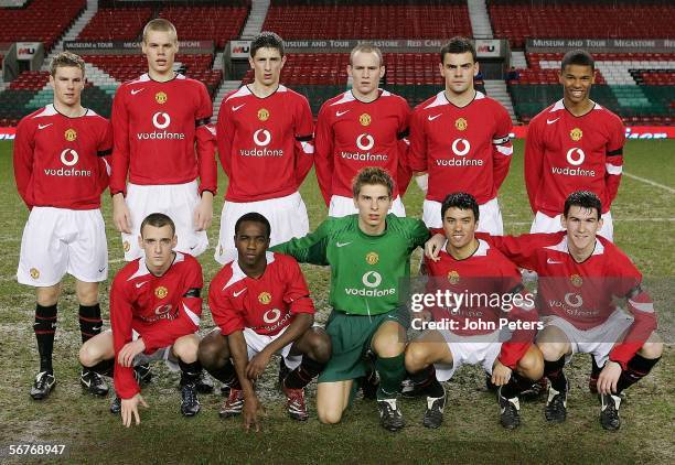 The Manchester United team line up ahead of the FA Youth Cup Fifth Round match between Manchester United Youth and Charlton Athletic Youth at Old...