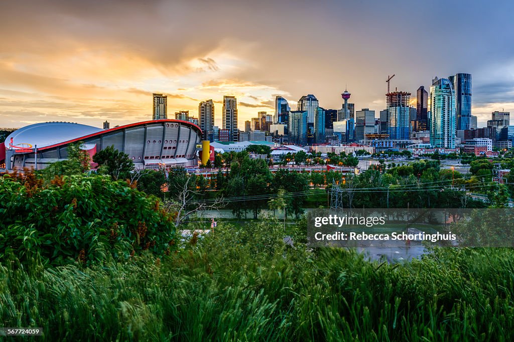Calgary skyline with dramatic cloudy sky
