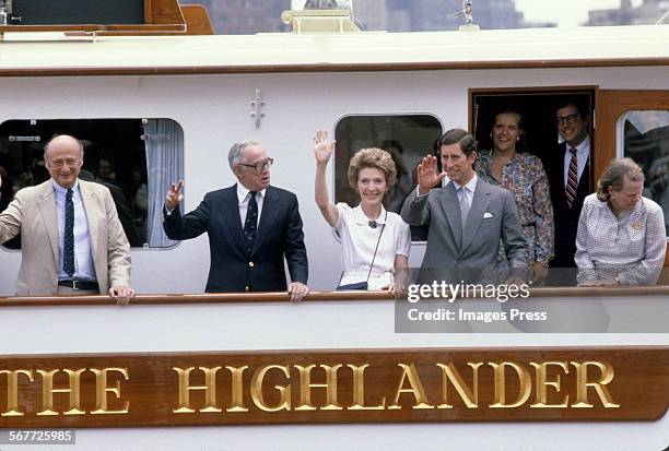 Malcolm Forbes hosts Prince Charles and First Lady Nancy Reagan on his yacht The Highlander circa 1981 in New York City.