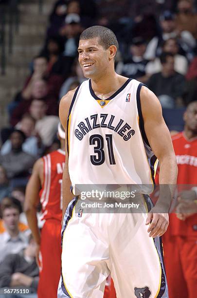 Shane Battier of the Memphis Grizzlies smiles during a game between the Houston Rockets and the Memphis Grizzlies on January 30, 2006 at the FedEx...