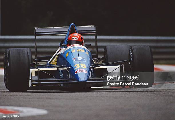 Pierre-Henri Raphanel of France drives the Rial Racing Rial ARC2 Cosworth V8 during practice for the Belgian Grand Prix on 26 August 1989 at the...