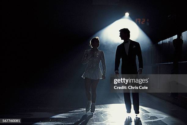 Jayne Torvill and Christopher Dean prepare to practice their Free Programme routine on 27 January 1994 in Milton Keynes, United Kingdom.