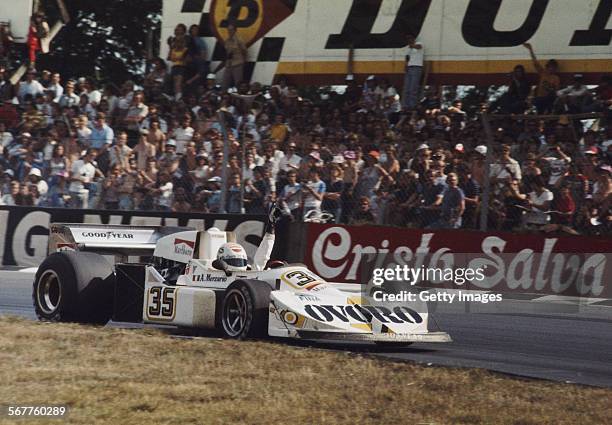 Arturo Merzario of Italy driving the Ovoro March March 761 Ford Cosworth DFV V8 retires from the John Player British Grand Prix on 18 July 1976 at...