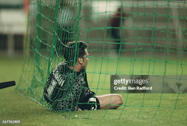 Arsenal F.C. Goalkeeper David Seaman looks on in disbelief after letting in a last minute winning goal from Nayim during the UEFA Cup Winners' Cup...