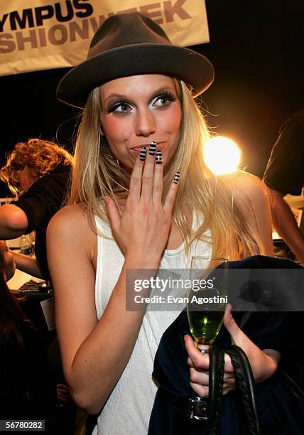 Theordora Richards appears backstage at the Heatherette Fall 2006 fashion show at the "Tent" during Olympus Fashion Week in Bryant Park February 7,...