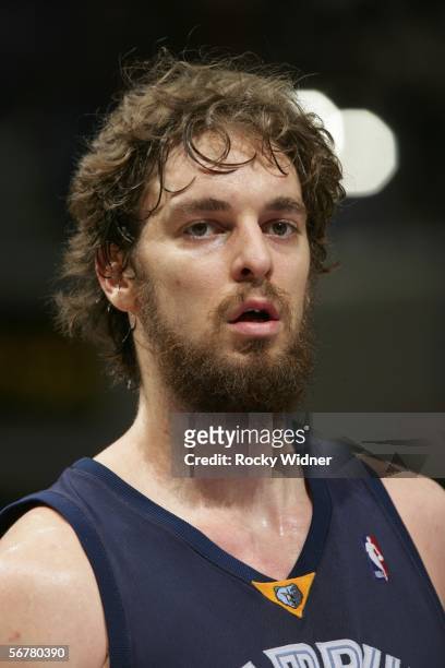 Pau Gasol of the Memphis Grizzlies looks on against the Sacramento Kings on February 7, 2006 at the ARCO Arena in Sacramento, California. NOTE TO...