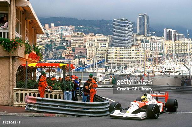 Ayrton Senna in the McLaren-Honda at La Rascasse corner leaving the quayside. Went on to win the race. Monaco GP, 12 May 1991.