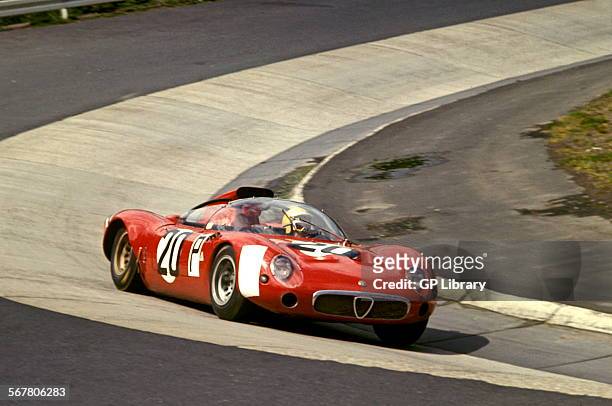 Andrea de Adamich-Nanni Galli's Alfa Romeo T33 at the Karussel in the Nurburgring 1000Kms race. Germany 28 May 1967.
