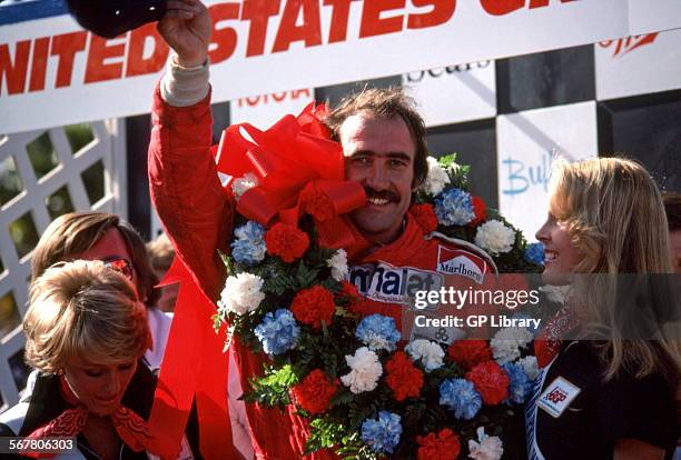 Clay Reggazzoni Ferrari driver after winning the US GP West at Long Beach in the Ferrari 312T. USA 1976.