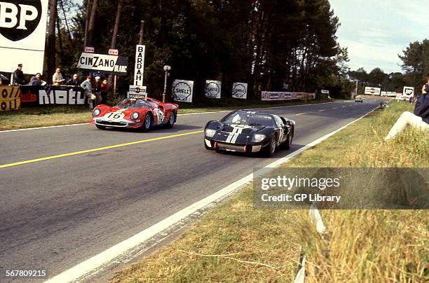 .Le Mans 24 Hours 19th June 1966. 1. Car no 2 Bruce McLaren/Chris Amon, Ford Mk II, race winner and car no 16 Richard Attwood/David Piper, Ferrari...