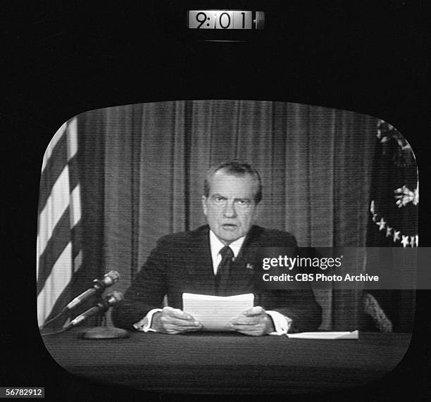 Screen capture shows the CBS news coverage of the resignation of American President Richard Nixon , Washington DC, August 8, 1974. The image is time...
