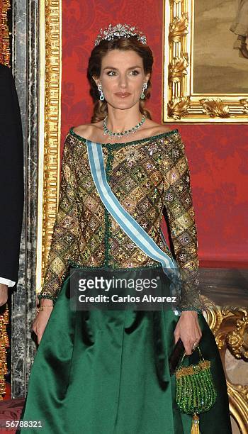 Princess Letizia of Spain attends an official dinner in honour of Russian President Vladimir Putin at the Royal Palace, on February 8, 2006 in...