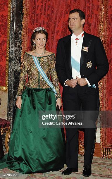 Crown Prince Felipe and Princess Letizia of Spain attend an official dinner in honour of Russian President Vladimir Putin at the Royal Palace, on...