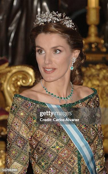 Princess Letizia of Spain attends an official dinner in honour of Russian President Vladimir Putin at the Royal Palace, on February 8, 2006 in...
