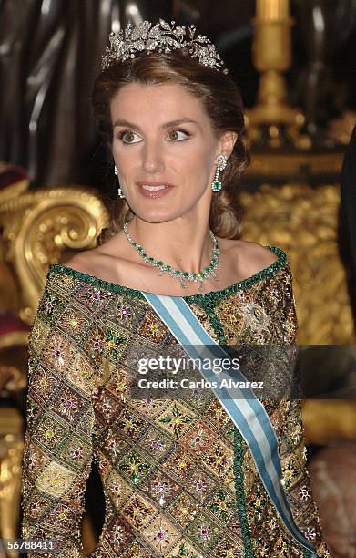 Princess Letizia of Spain attends an official dinner in honour of Russian President Vladimir Putin at the Royal Palace, on February 8, 2006 in...