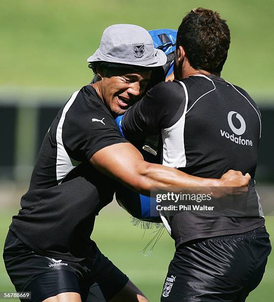 Ruben Wiki of the Warriors hits the tackle bags during a Warriors training session at North Harbour Stadium February 9, 2006 in Auckland, New...