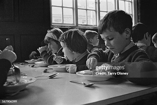 Pupils of St John's C Of E Primary School eating lunch during a teacher strike, Kilburn, London, 13th September 1967.