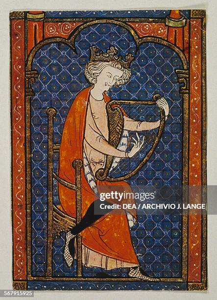 King David playing the harp, miniature from a manuscript in the Hebrew language, 13th century.