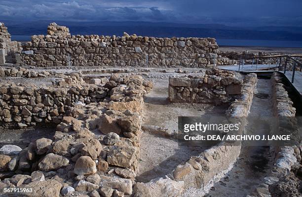 View of the archaeological excavations, ancient Essene settlement of Khirbet Qumran, Israel.