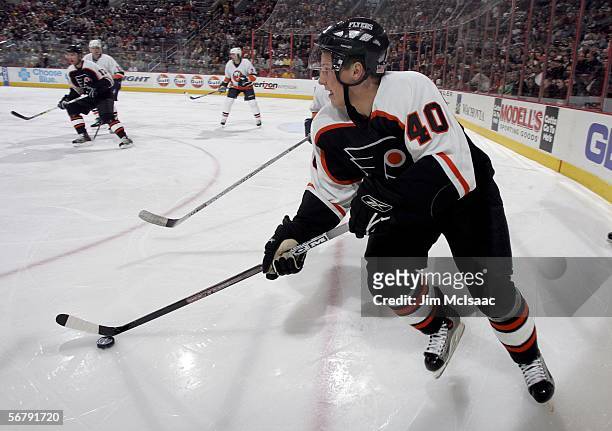 Rookie Stefan Ruzicka of the Philadelphia Flyers looks to make a play against the New York Islanders on February 8, 2006 at the Wachovia Center in...