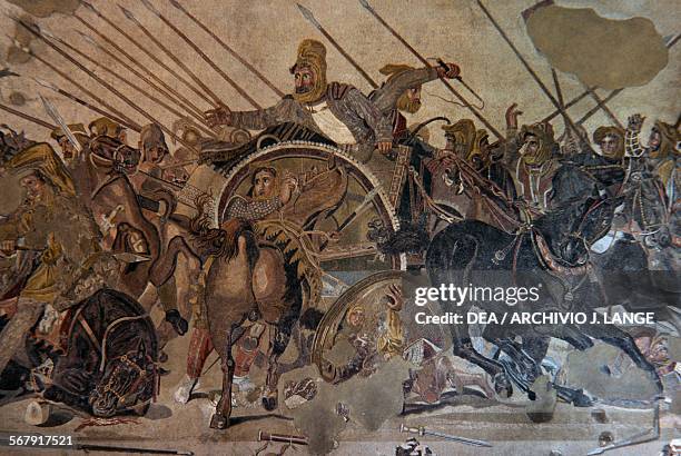 Battle of Issus, detail depicting Darius III of Persia, mosaic reproduction of a 4th century bC painting by Philoxenos of Eretria, from the House of...