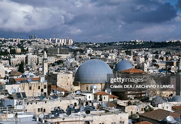 View of the Old City with the domes of the Church of the Holy Sepulchre on the left , Jerusalem, Israel.