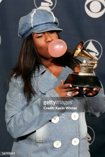 Rapper Missy Elliott poses with her Best Short Form Music Video in the press room at the 48th Annual Grammy Awards at the Staples Center on February...