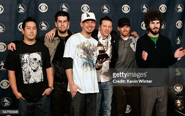 The group Linkin Park poses with their award for Best Rap/Sung Collaboration in the press room at the 48th Annual Grammy Awards at the Staples Center...