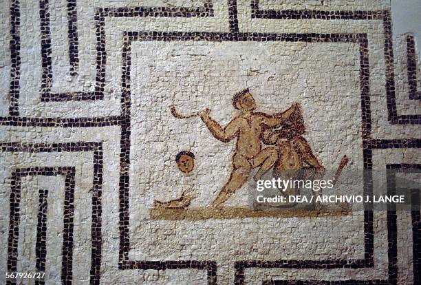 Theseus slaying the Minotaur in the labyrinth, mosaic from Thuburbo Majus, Tunisia. Roman civilisation, 3rd century AD. Detail. Tunis, Musée National...