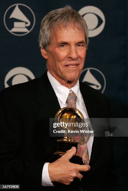 Musician Burt Bacharach poses with his award for Best Pop Instrumental Album in the press room at the 48th Annual Grammy Awards at the Staples Center...