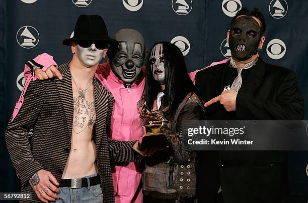 The group Slipknot pose with their award for Best Metal Performance in the press room at the 48th Annual Grammy Awards at the Staples Center on...