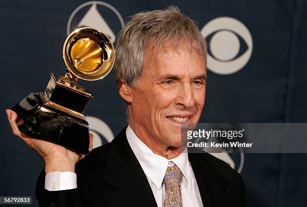 Musician Burt Bacharach poses with his award for Best Pop Instrumental Album in the press room at the 48th Annual Grammy Awards at the Staples Center...