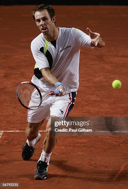 Paul Hanley of Australia plays a forehand during an Australian practice session prior to the Davis Cup first round match between Switzerland and...