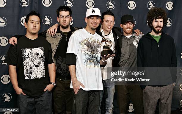 The group Linkin Park with their award for Best Rap/Sung Collaboration poses in the press room at the 48th Annual Grammy Awards at the Staples Center...