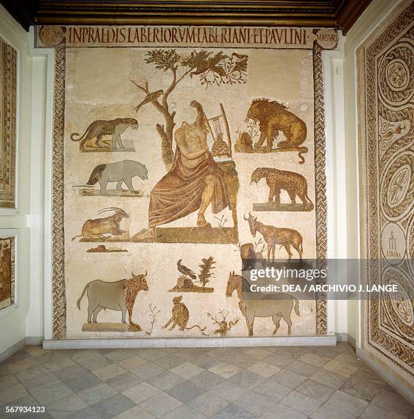 Orpheus charming the animals with his lyre, mosaic by Masurus from Uthina, Oudna, Tunisia. Roman civilisation, 2nd-3rd century AD. Tunis, Musée...