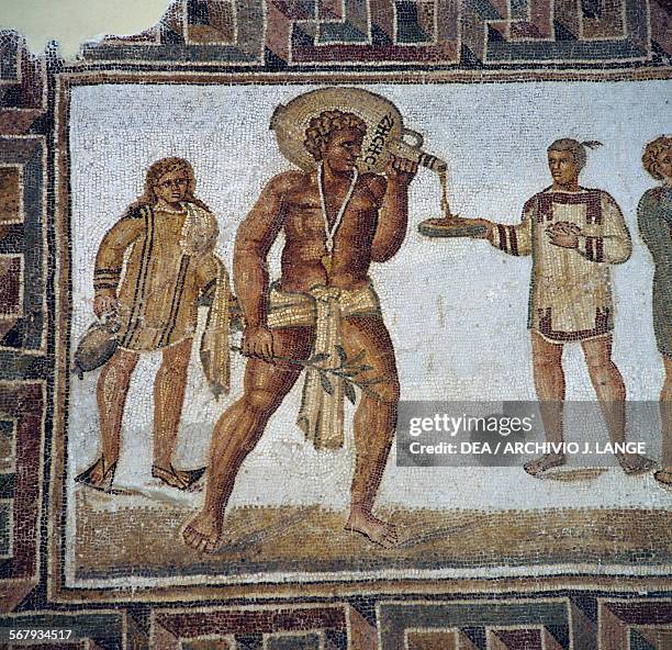 Slave pouring something to drink, from the Butler's mosaic from Thugga, Dougga, Tunisia. Roman civilisation, 2dn century AD. Tunis, Musée National Du...