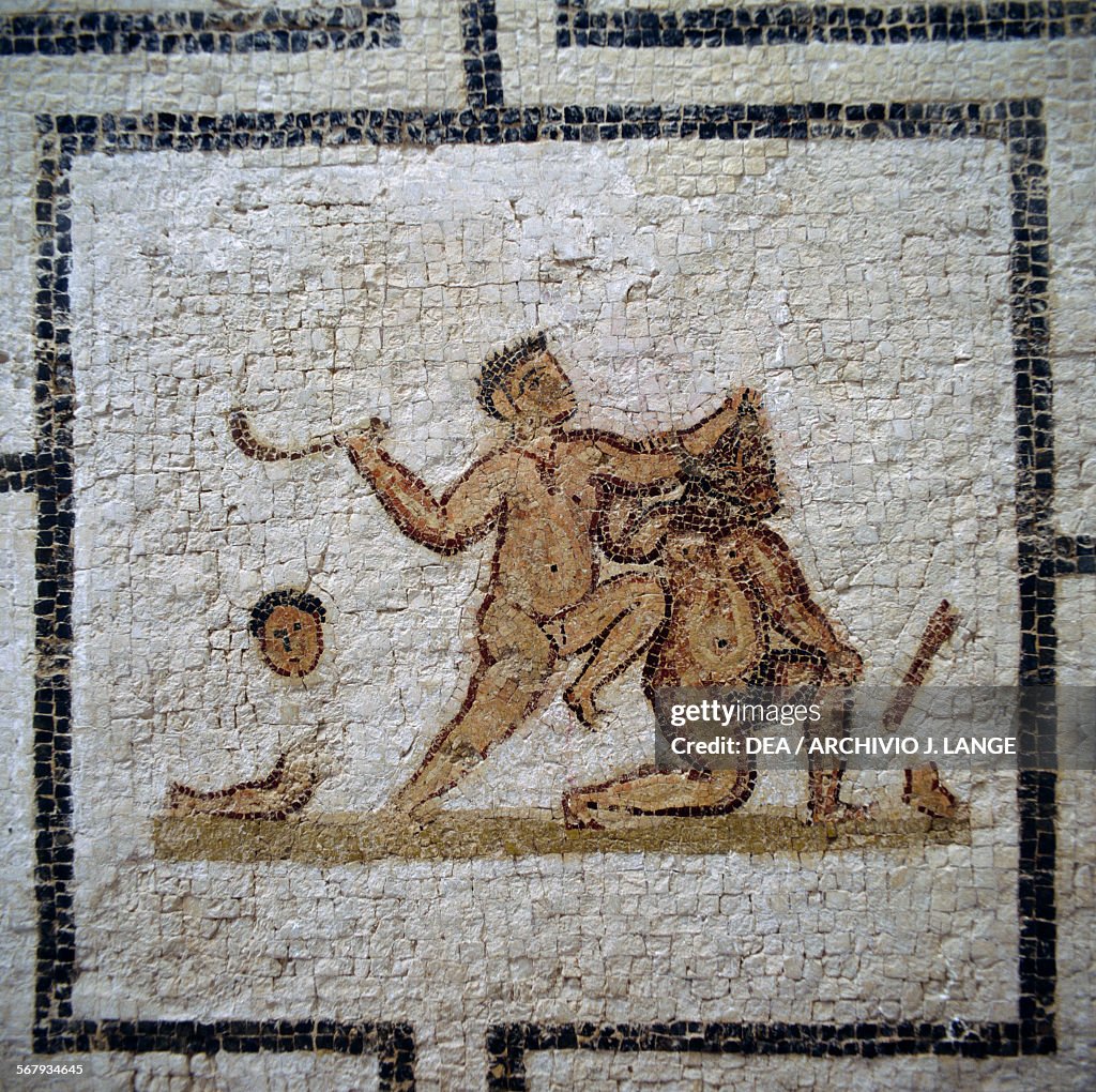 Tesius Theseus slaying the Minotaur in the labyrinth, mosaic from Thuburbo ...