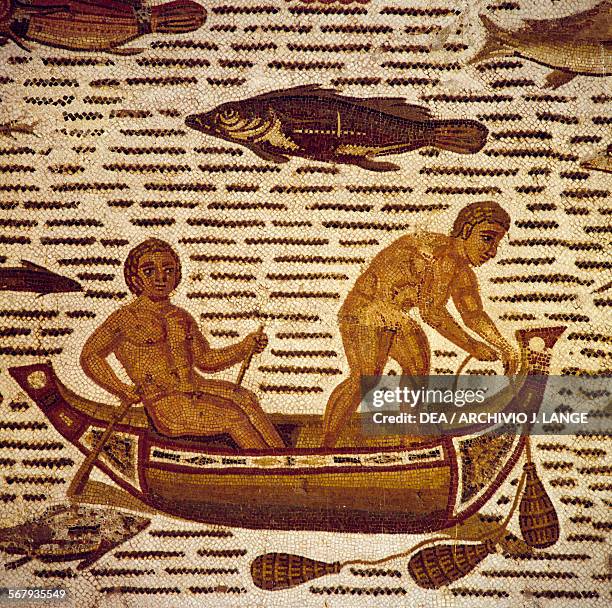 Fishermen on a boat, Fishing scene, mosaic from Hadrumetum, Sousse, Tunisia. Roman civilisation, 2nd-3rd century AD. Detail. Sousse, Musée...