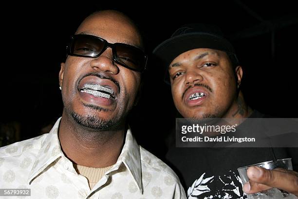 Two members of the group Three 6 Mafia attend the William Morris Agency Grammy Party on February 8, 2006 in Beverly Hills, California.