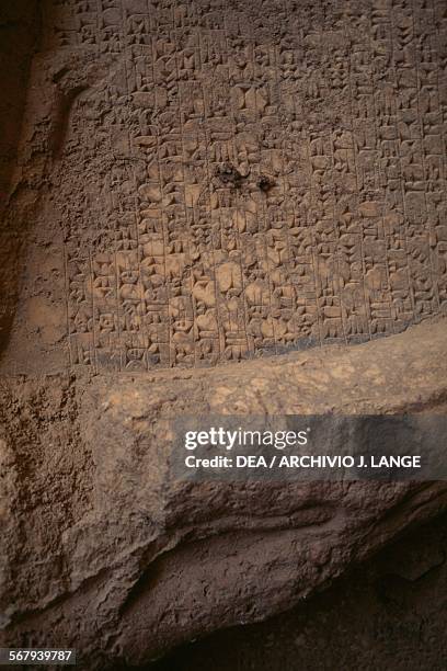 Cuneiform writing on an alabaster panel, from a palace in Nineveh, site was partially destroyed in 2015, Iraq. Assyrian civilisation, 7th century.