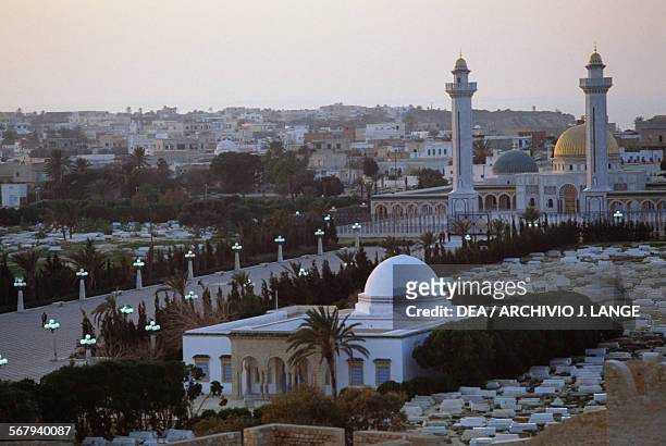 View of the city of Monastir with the Habib Bourguiba Mausoleum Monastir, Monastir Governorate, Tunisia.