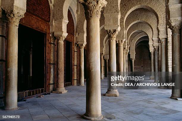 Gallery which precedes the prayer hall in the Mosque of 'Uqba or Great Mosque of Kairouan , Kairouan Governorate. Tunisia, 9th century.