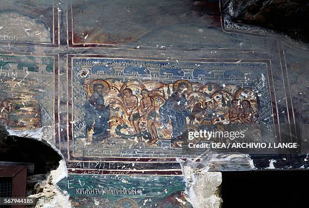 Adam and Eve and the expulsion from Eden,18th century, fresco in the rock church of the Sumela Monastery, Trabzon, Black Sea region, Turkey.