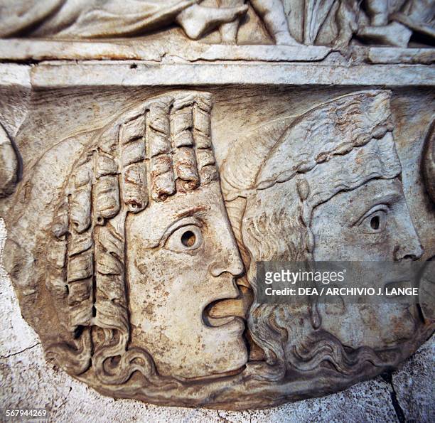 Tragic masks, bas-relief of a sarcophagus. Roman civilisation, 2nd century AD. Rome, Museo Nazionale Romano Terme Di Diocleziano
