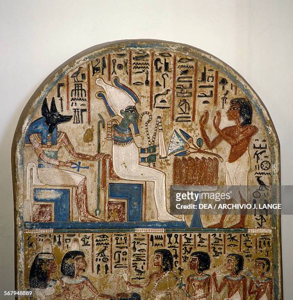 Nakhy in adoration of Osiris and Anubis, detail of the Stele of Nakhy, painted limestone. Egyptian civilisation, New Kingdom, XVIII-XIX Dynasty....